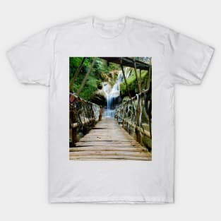 Bamboo footbridge to waterfall - vertical T-Shirt